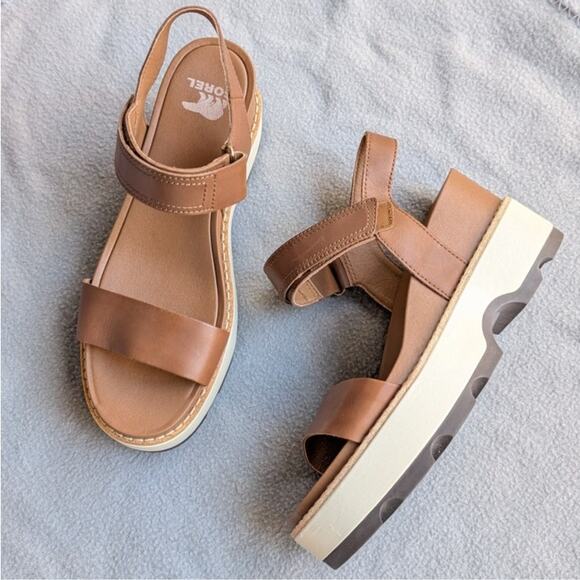 NWOT Sorel Joanie IV Y-Strap Wedge Brown Leather Platform Sandals, size 8 - Picture 1 of 6